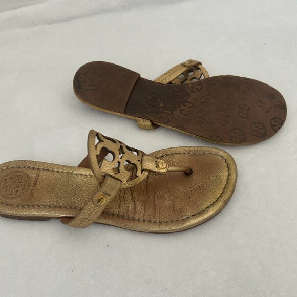 Tory Burch Miller Sandals Womens Size 6.5 Metallic Gold Leather Thong Flip Flop - Picture 6 of 7